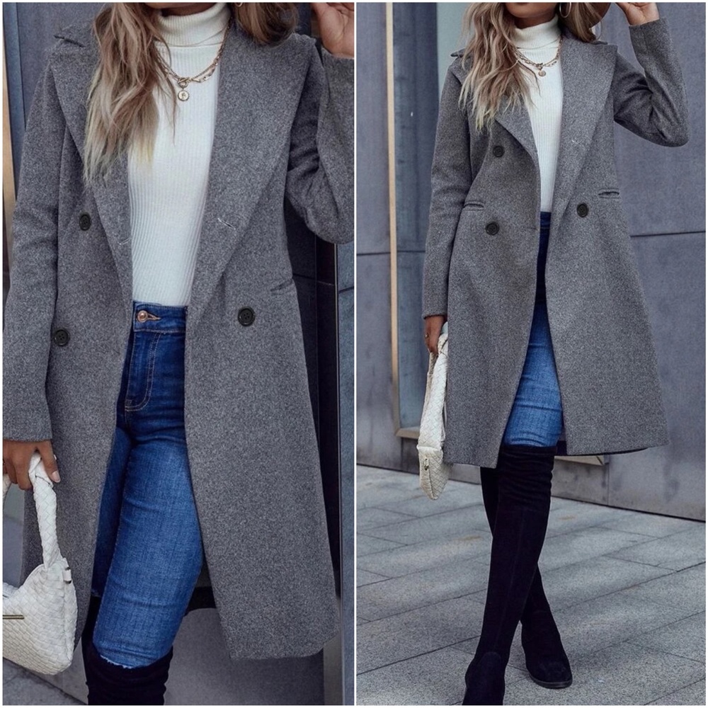 Classic Charcoal Double Breasted Button up Jacket Coat - Picture 7 of 8